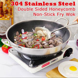 316 Stainless Steel Non-Stick Stir Fry Cooking Kitchen Wok Pan with Lid Honeycomb Double Sided