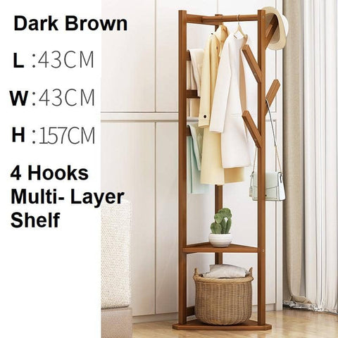 Bamboo Clothes Coat Rack Garment Stand Shelf Tree Hanger Bag Hat Hook Holder Dark Brown