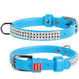 Waudog Leather Dog Collar with Crystals 19-25CM BLUE