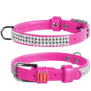 Waudog Leather Dog Collar with Crystals 19-25CM PINK
