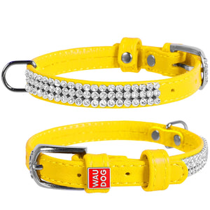 Waudog Leather Dog Collar with Crystals 19-25CM YELLOW