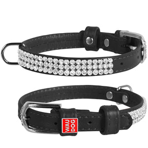 Waudog Leather Dog Collar with Crystals 21-29CM BLACK