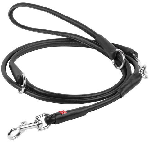 Waudog Black Leather Round Adjustable Clip Leash W10MM-L183CM