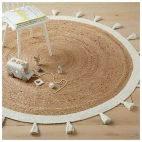 Bohemian Cream & Natural Braided Jute Cotton Round Rug with Tassel 120 x 120 cm