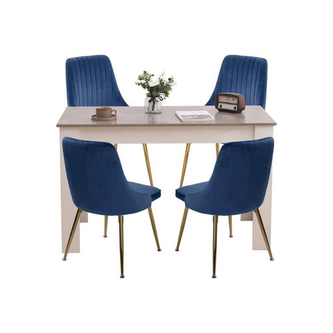 Grey Rectangular Wooden Table with Navy Velvet Chairs Dining Set