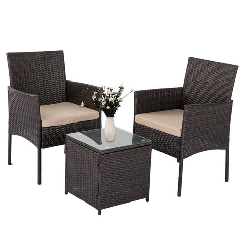 3PC Outdoor Bistro Set Brown with Beige Cushion