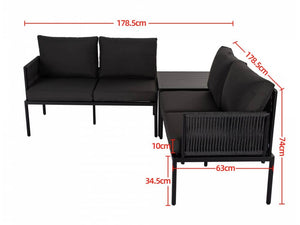 Eden 4-Seater Outdoor Lounge Set with Coffee Table in Black - Stylish Textile and Rope Design