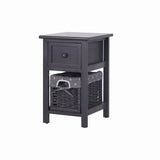 Bedside Table Nightstand with Drawer and Wicker Basket Grey