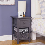 Bedside Table Nightstand with Drawer and Wicker Basket Grey