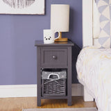 Bedside Table Nightstand with Drawer and Wicker Basket Grey