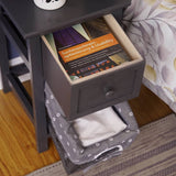 Bedside Table Nightstand with Drawer and Wicker Basket Grey