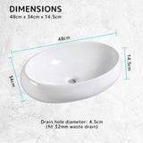 Muriel 48 x 34 x 14.5cm White Ceramic Bathroom Basin Vanity Sink Oval Above Counter Top Mount Bowl