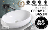 Muriel 59 x 40 x 14.5cm White Ceramic Bathroom Basin Vanity Sink Oval Above Counter Top Mount Bowl