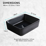 Muriel 48 x 37.5 x 13cm Black Ceramic Bathroom Basin Vanity Sink Above Counter Top Mount Bowl