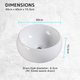 Muriel 40 x 40 x 15.5cm White Ceramic Bathroom Basin Vanity Sink Round Above Counter Top Mount Bowl