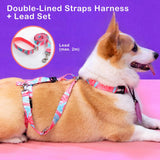 Banhamsisun L Dog Double-Lined Straps Harness and Lead Set Leash Adjustable No Pull