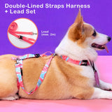 Banhamsisun L Dog Double-Lined Straps Harness and Lead Set Leash Adjustable No Pull