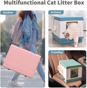 XL Portable Cat Toilet Litter Box Tray Foldable House with Handle and Scoop Green