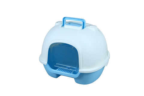 Portable Hooded Cat Toilet Litter Box Tray House with Handle and Scoop Blue