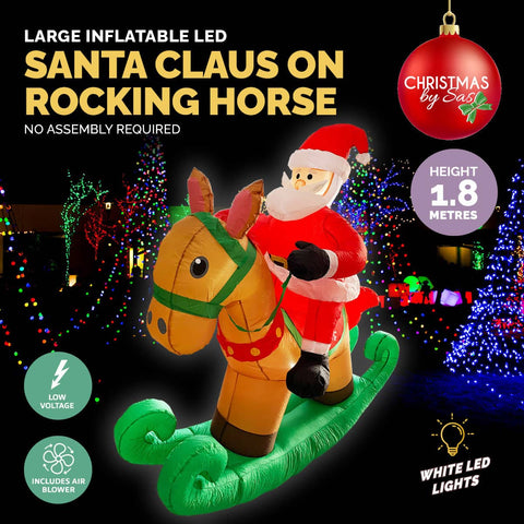 Christmas By Sas 1.8m Self Inflatable LED Santa On Rocking Horse