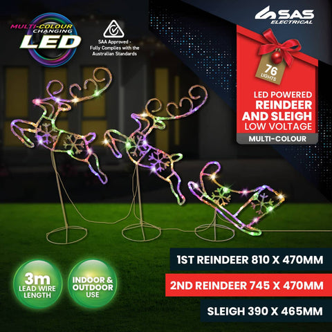 SAS Electrical 3m Reindeer & Sleigh Set Rope Light With Stands Multi-Colour