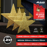 SAS Electrical 3PCE 3D Gold Stars Display Various Sizes Cool White Lighting