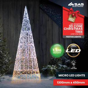 SAS Electrical 1.3m 3D LED Decorative Metal Cone Christmas Tree 192 Lights