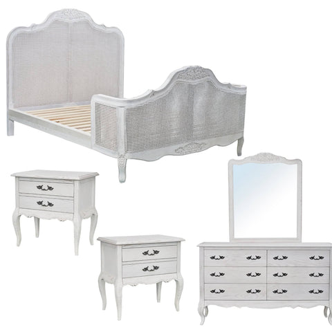 Alice 5pc King Bed Suite Bedside Dresser Bedroom Rattan Furniture Package White