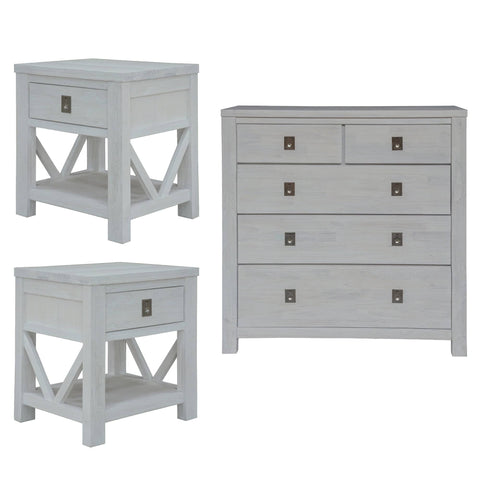 Myer 3pc Set 2 Bedside Tallboy Storage Cabinet Side End Table White Wash