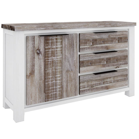 Plumeria Buffet Table 145cm 1 Door 3 Drawer Solid Acacia Timber - White Brush