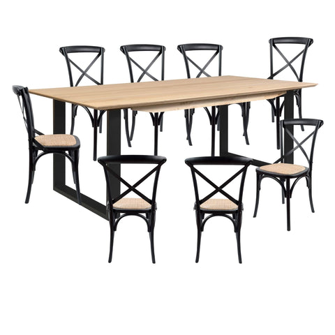 Aconite 9pc 210cm Dining Table Set 8 Cross Back Chair Solid Messmate Timber Wood