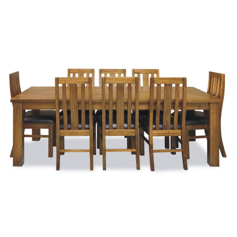 Birdsville 9pc Dining Set 225cm Table 8 PU Seat Chair Solid Mt Ash Wood - Brown