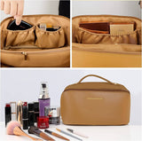 Large Travel Cosmetic Bag Portable Make up Makeup Bag Waterproof PU Leather Storage Brown