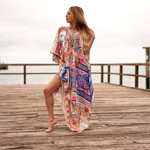 Linen Connections Trendy Silk Kaftan For Women Long Caftan Resort Wear Vacation Beach Dress Boho Silk Dress Floral Print Long Silk Kaftan Gift for her | Multicolor