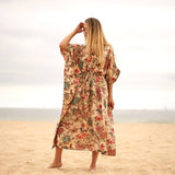 Linen Connections Cotton Kaftan Kimono Dress Caridgan Valentine Mother's Day Gift Maternity Wear Peacock Floral Print Christmas Gift for her | Beige