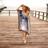 Linen Connections Trendy Silk Kaftan For Women Long Kaftan Resort Wear Vacation Beach Dress Boho Silk Dress Kaftan Necklace Print Gift For Her | Blue