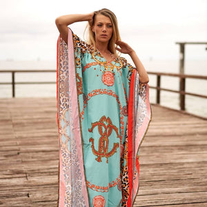 Linen Connections Trendy Silk Kaftan For Women Long Kaftan Resort Wear Vacation Beach Dress Boho Silk Dress Beautiful Ptint Kaftan Gift For Her | Ultramarine Green