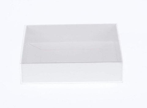 10 Pack of White Card Square Box - Clear Slide On Lid - 20 x 20 x 8cm -  Large Beauty Product Gift Giving Hamper Tray Merch Fashion Cake Sweets Xmas