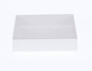 50 Pack of 15cm Square Invitation Coaster Favor Function product Presentation Cookie Biscuit Patisserie Gift Box - 4cm deep - White Card with Clear Slide On PVC Lid