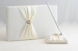 White Wedding Guest Book Register with Silver Pen Matching Stand Set 36 Lined Pages - Ivory Sach Ribbon Cover