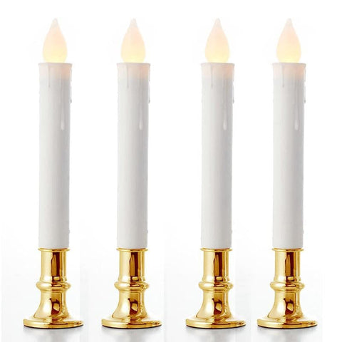 10 Pack Taper Stick White Battery Candle - Natural Flame Light Colour No Flicker - Gold Stand Base