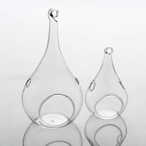 25 Bulk Pack of Hanging Clear Glass Tealight Candle Holder Tear Drop Pear Shape - 12cm High - Terrarium Plant Mini Garden Holder Decor