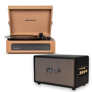 Crosley Voyager Bluetooth Portable Turntable - Tan + Bundled HolySmoke Bluetooth Retro Speaker - Black