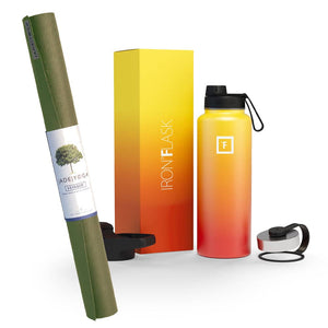 Jade Yoga Voyager Mat - Olive & Iron Flask Wide Mouth Bottle with Spout Lid, Fire, 40oz/1200ml Bundle