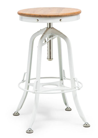 White Bar Stool Hamptons Style Height Adjustable and Swivel with Natural Wood Top