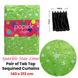 Pair of Organza Sequined Tab Top Curtains Sparkle Star Lime Green 140 x 213 cm