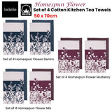 Ladelle Set of 4 Homespun Flower Cotton Kitchen Tea Towels 50 x 70 cm Mix