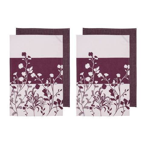 Ladelle Set of 4 Homespun Flower Cotton Kitchen Tea Towels 50 x 70 cm Mulberry