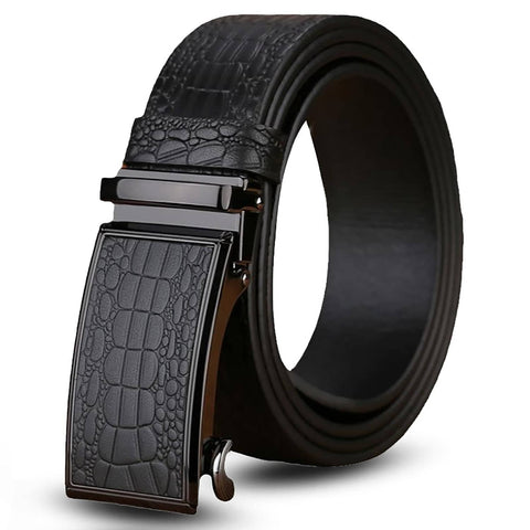 Genuine Cowhide Embossed with Crocodile Pattern Belt  Luxury Business Automatic Belts (Black)