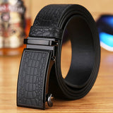 Genuine Cowhide Embossed with Crocodile Pattern Belt  Luxury Business Automatic Belts (Black)